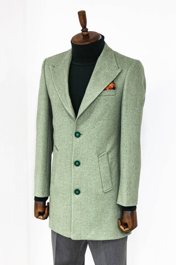 WSS Wide Lapel Wool Oil Green Men Coat  - Lewiston