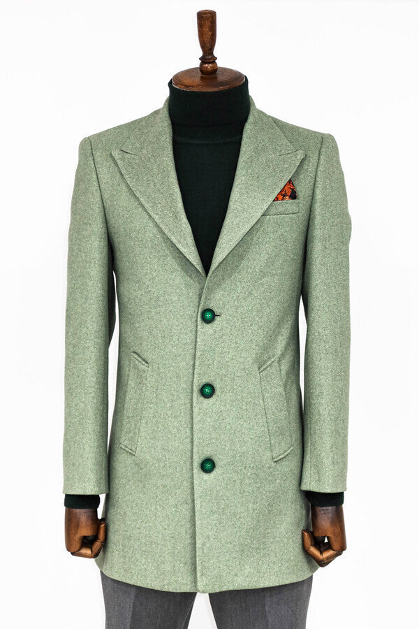 WSS Wide Lapel Wool Oil Green Men Coat  - Lewiston