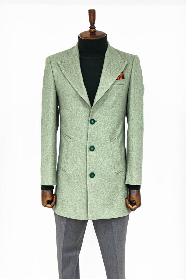 WSS Wide Lapel Wool Oil Green Men Coat  - Lewiston