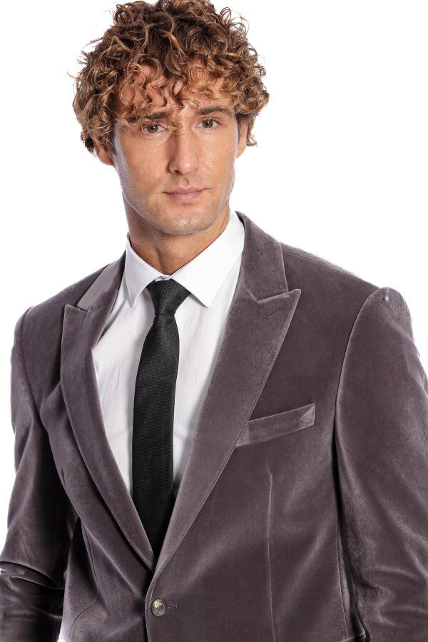 WSS Wide Peak Lapel Single Button Velvet Grey Men Blazer  - The Acreage