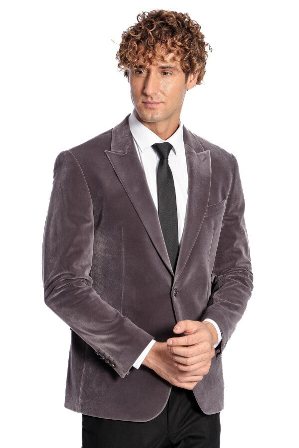WSS Wide Peak Lapel Single Button Velvet Grey Men Blazer  - The Acreage
