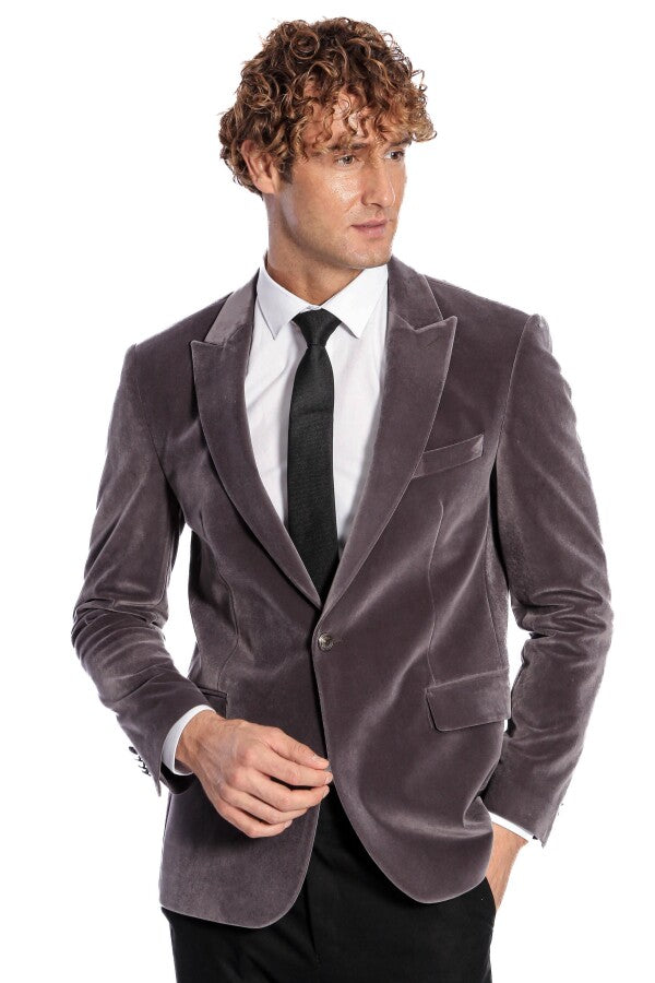 WSS Wide Peak Lapel Single Button Velvet Grey Men Blazer  - The Acreage