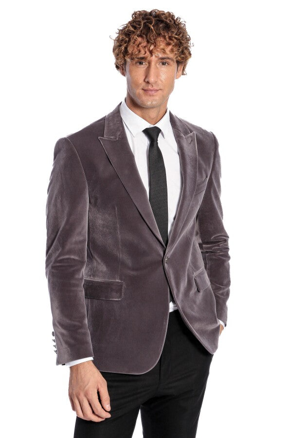 WSS Wide Peak Lapel Single Button Velvet Grey Men Blazer  - The Acreage
