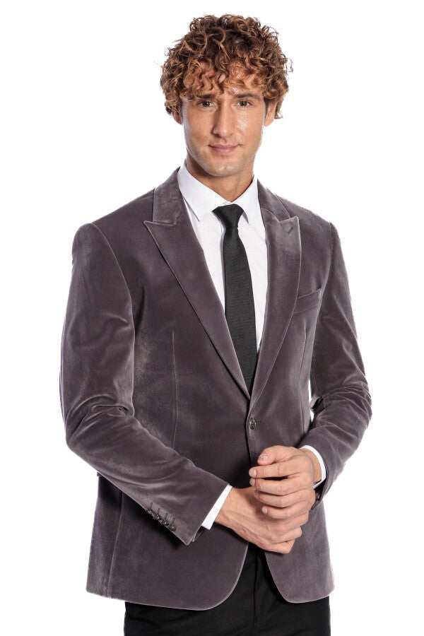 WSS Wide Peak Lapel Single Button Velvet Grey Men Blazer  - The Acreage