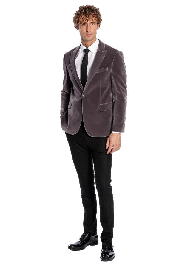 WSS Wide Peak Lapel Single Button Velvet Grey Men Blazer  - The Acreage