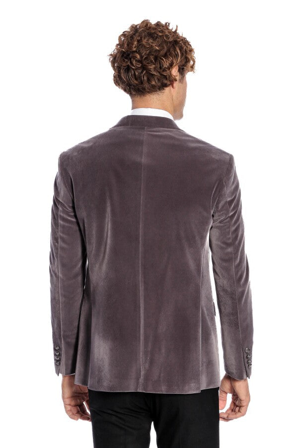 WSS Wide Peak Lapel Single Button Velvet Grey Men Blazer  - The Acreage