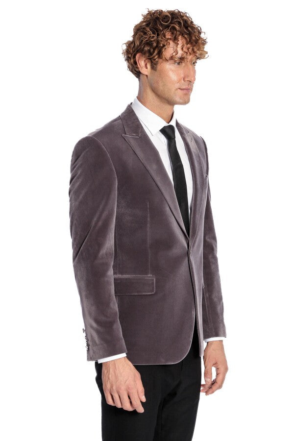 WSS Wide Peak Lapel Single Button Velvet Grey Men Blazer  - The Acreage
