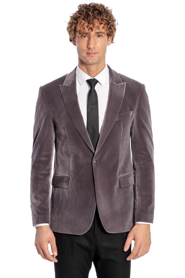 WSS Wide Peak Lapel Single Button Velvet Grey Men Blazer  - The Acreage