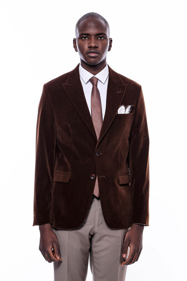 WSS Wide Peak Lapel Velvet Brown Men Blazer  - El Paso