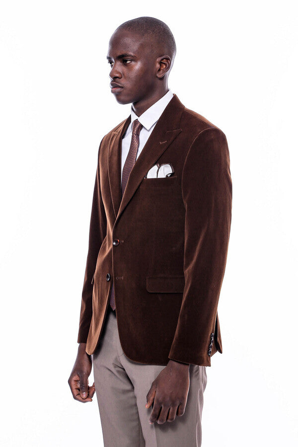 WSS Wide Peak Lapel Velvet Brown Men Blazer  - El Paso