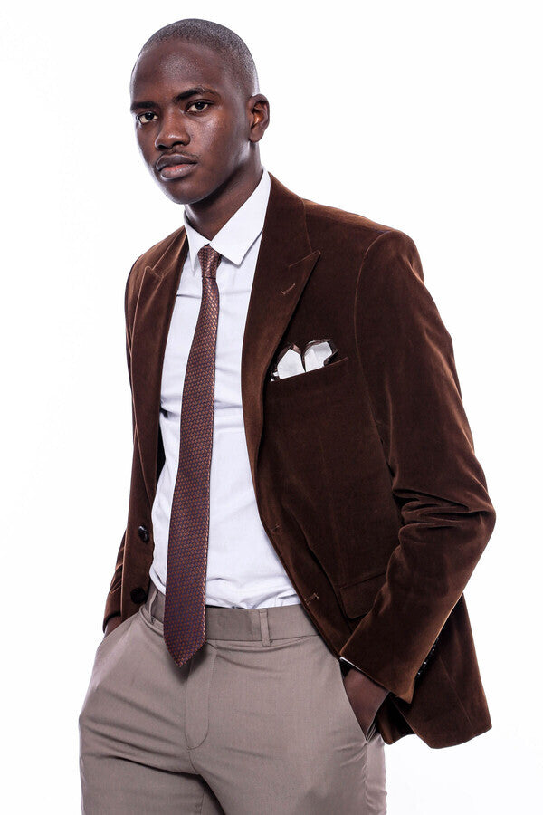 WSS Wide Peak Lapel Velvet Brown Men Blazer  - El Paso