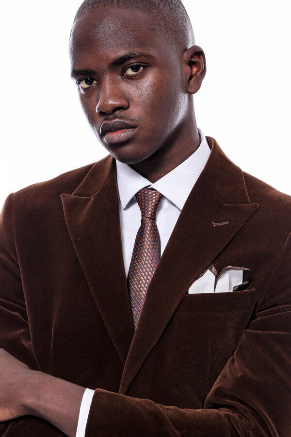 WSS Wide Peak Lapel Velvet Brown Men Blazer  - El Paso