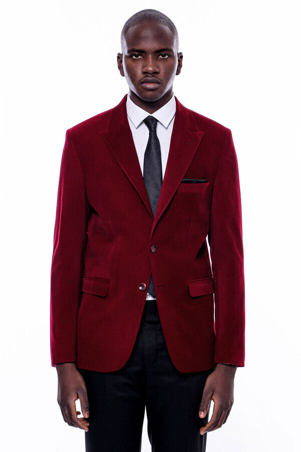 WSS Wide Peak Lapel Velvet Burgundy Men Blazer  - Eugene