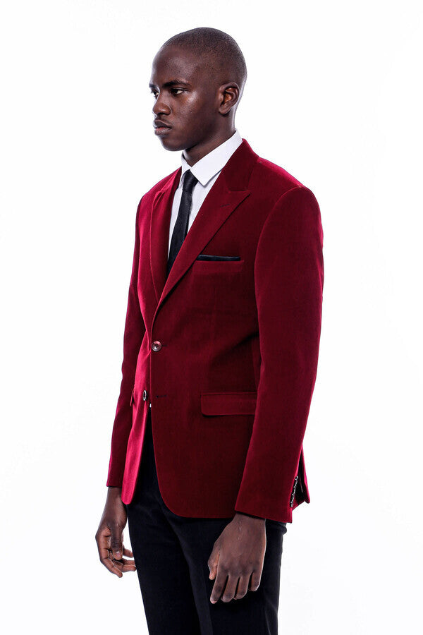 WSS Wide Peak Lapel Velvet Burgundy Men Blazer  - Eugene