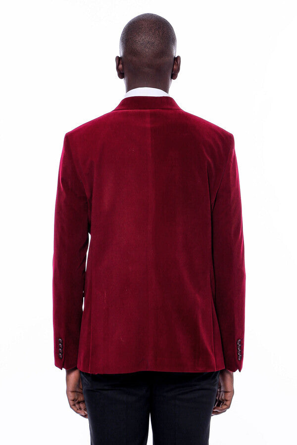 WSS Wide Peak Lapel Velvet Burgundy Men Blazer  - Eugene