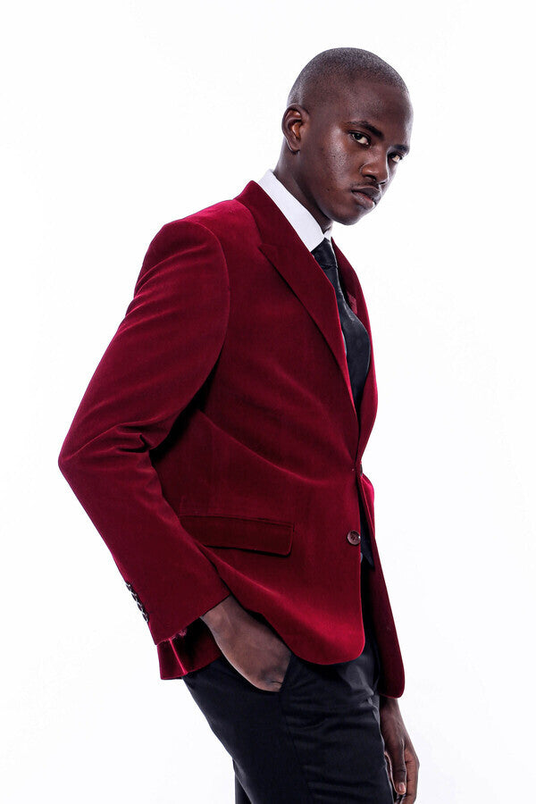 WSS Wide Peak Lapel Velvet Burgundy Men Blazer  - Eugene