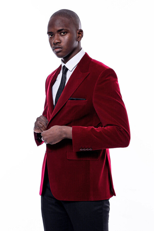 WSS Wide Peak Lapel Velvet Burgundy Men Blazer  - Eugene