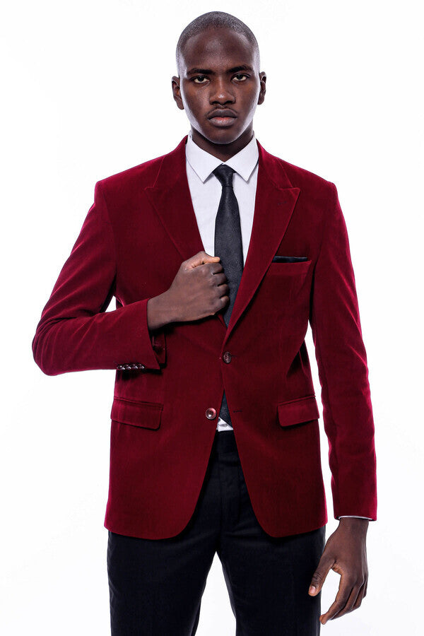 WSS Wide Peak Lapel Velvet Burgundy Men Blazer  - Eugene