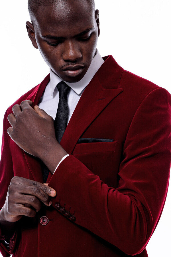 WSS Wide Peak Lapel Velvet Burgundy Men Blazer  - Eugene