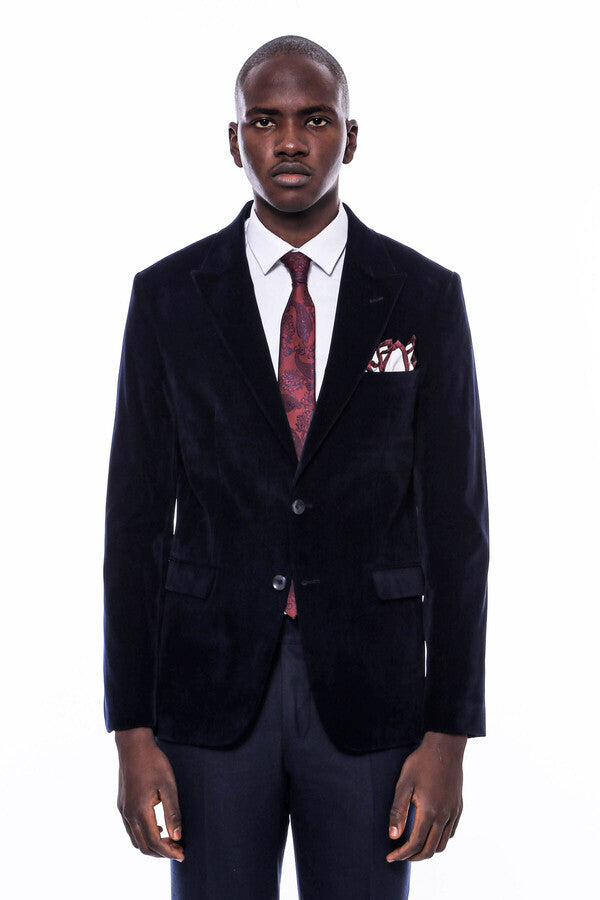 WSS Wide Peak Lapel Velvet Navy Blue Men Blazer  - Sayreville