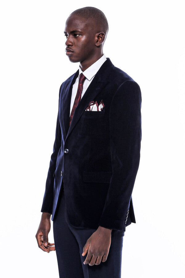 WSS Wide Peak Lapel Velvet Navy Blue Men Blazer  - Sayreville
