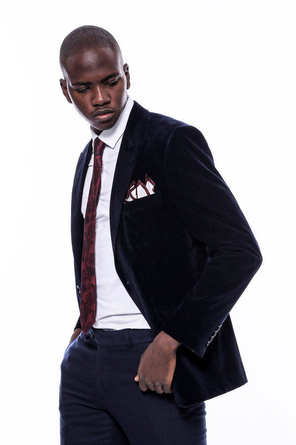 WSS Wide Peak Lapel Velvet Navy Blue Men Blazer  - Sayreville