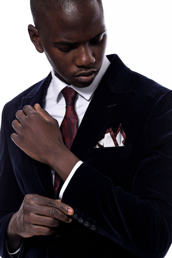 WSS Wide Peak Lapel Velvet Navy Blue Men Blazer  - Sayreville