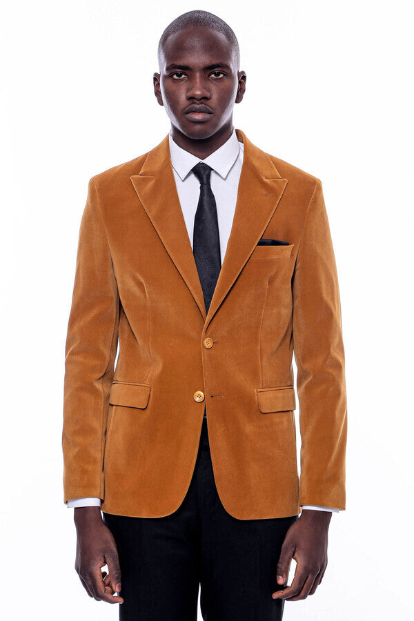 WSS Wide Peak Lapel Velvet Yellow Blazer  - Dijon