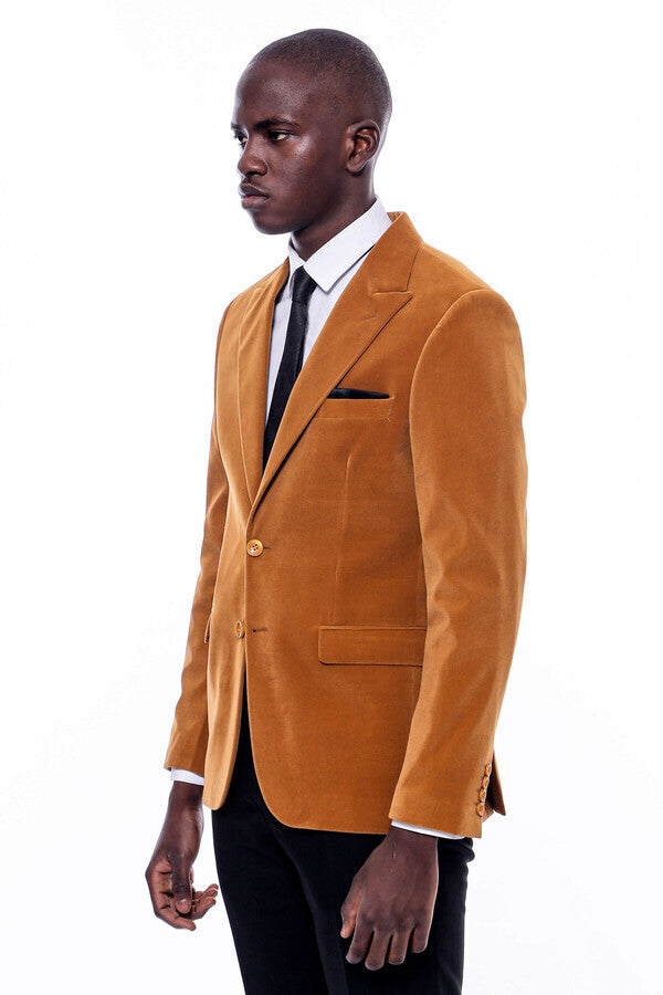 WSS Wide Peak Lapel Velvet Yellow Blazer  - Dijon