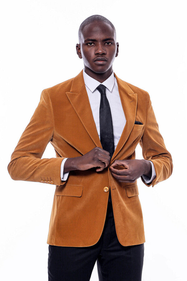 WSS Wide Peak Lapel Velvet Yellow Blazer  - Dijon