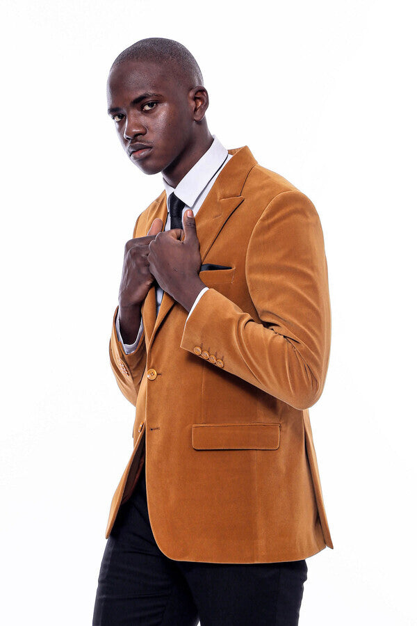 WSS Wide Peak Lapel Velvet Yellow Blazer  - Dijon