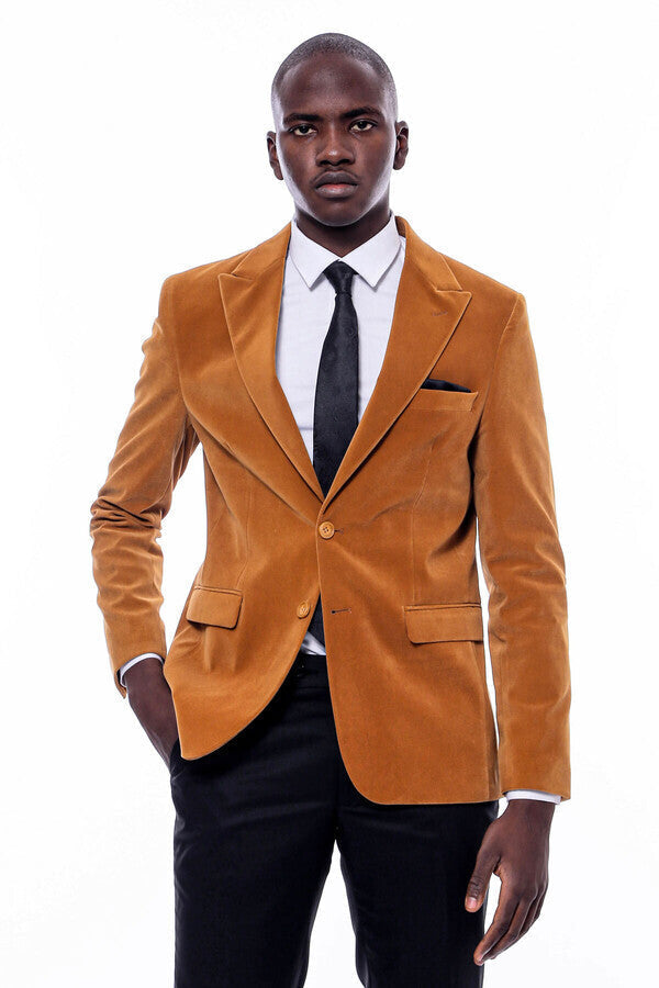 WSS Wide Peak Lapel Velvet Yellow Blazer  - Dijon