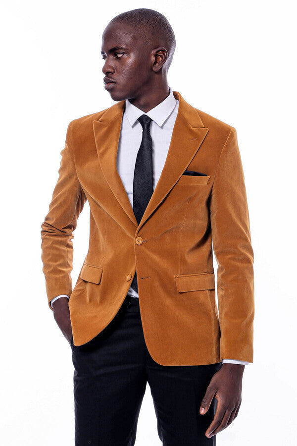 WSS Wide Peak Lapel Velvet Yellow Blazer  - Dijon