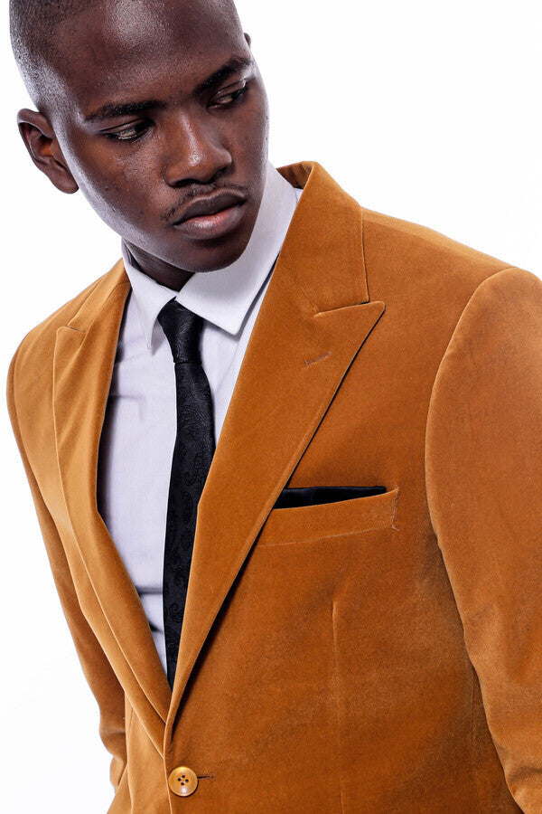 WSS Wide Peak Lapel Velvet Yellow Blazer  - Dijon