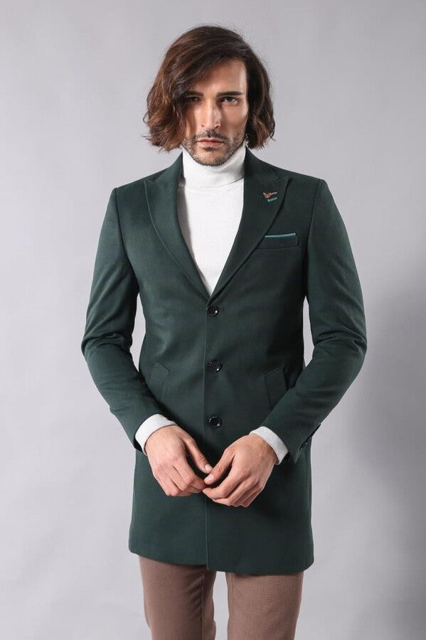 WSS Wide Pointed Collar Green Men Coat  - North Port