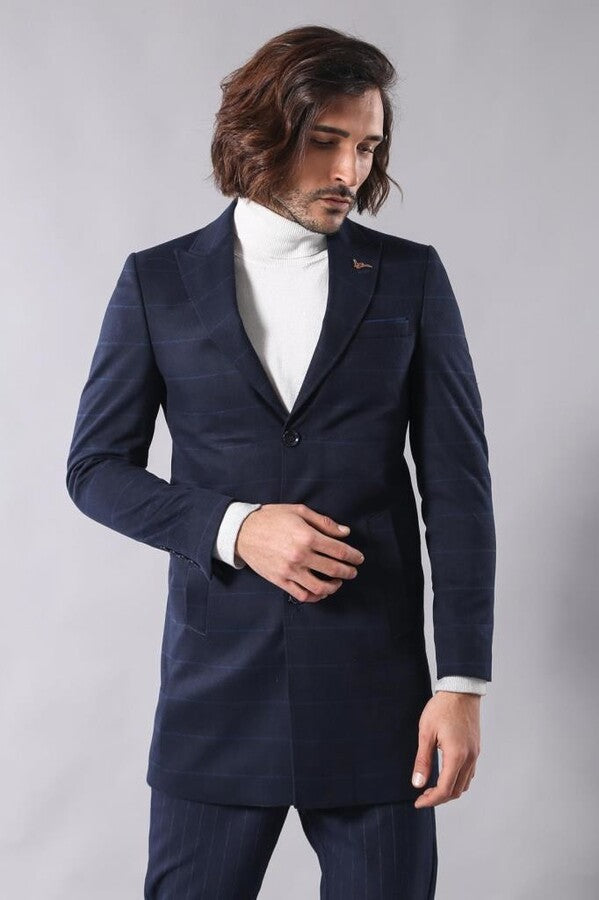 WSS Wide Pointed Collar Navy Blue Plaid Coat  - Plymouth