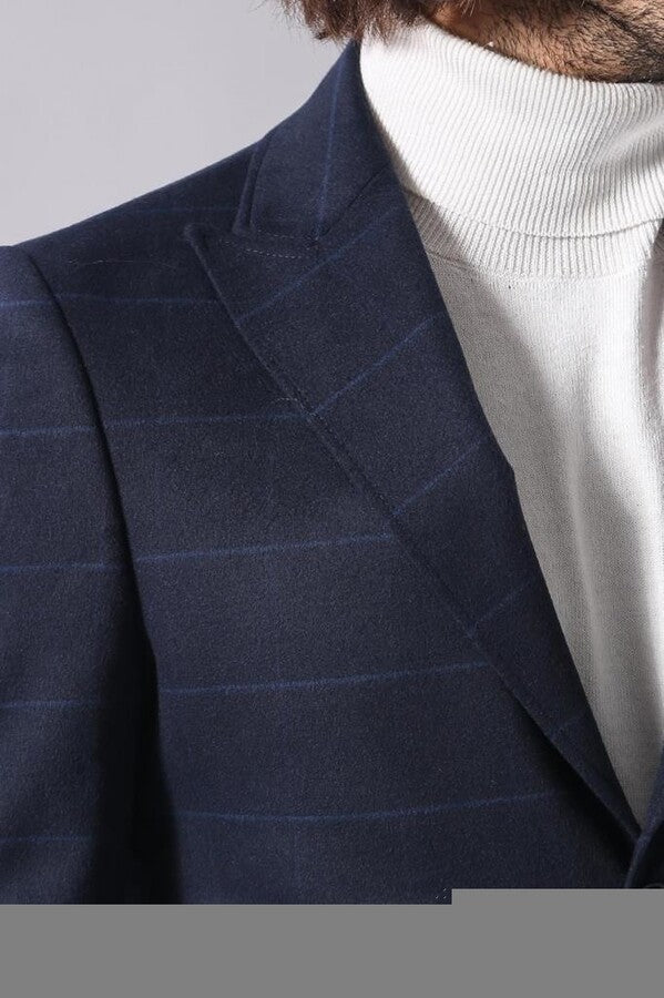 WSS Wide Pointed Collar Navy Blue Plaid Coat  - Plymouth