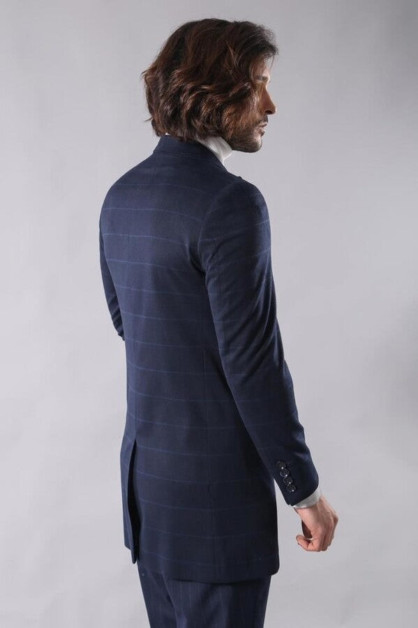 WSS Wide Pointed Collar Navy Blue Plaid Coat  - Plymouth