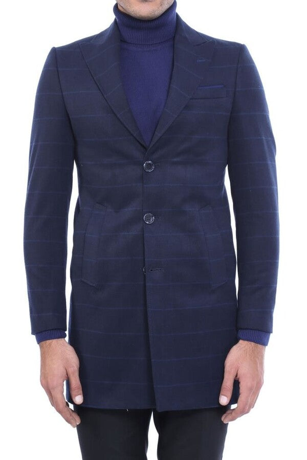 WSS Wide Pointed Collar Navy Blue Plaid Coat  - Plymouth