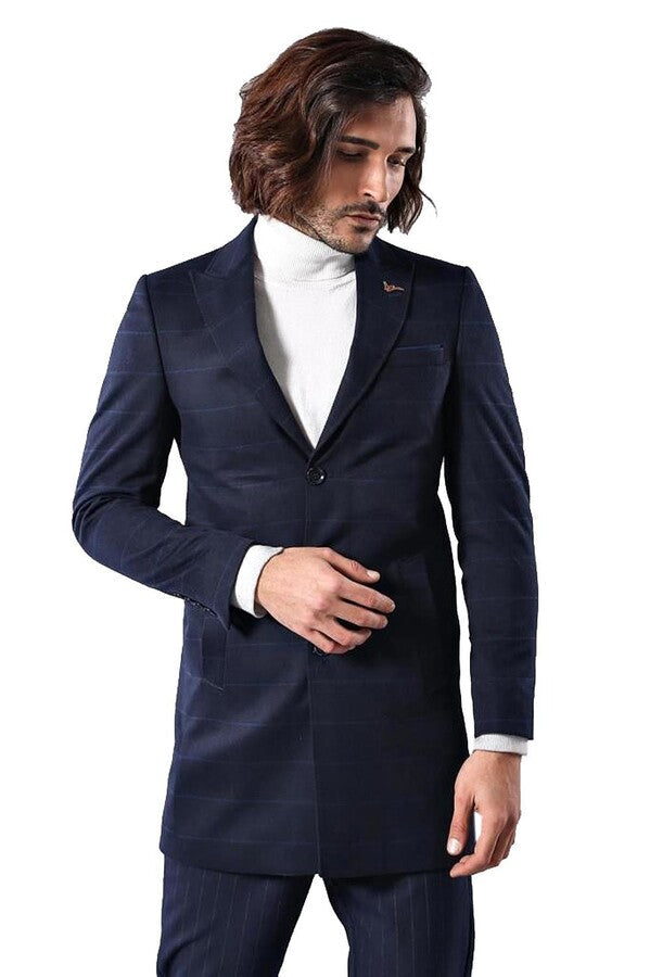 WSS Wide Pointed Collar Navy Blue Plaid Coat  - Plymouth