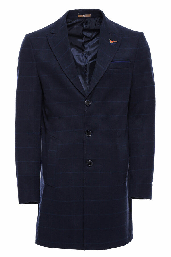 WSS Wide Pointed Collar Navy Blue Plaid Coat  - Plymouth