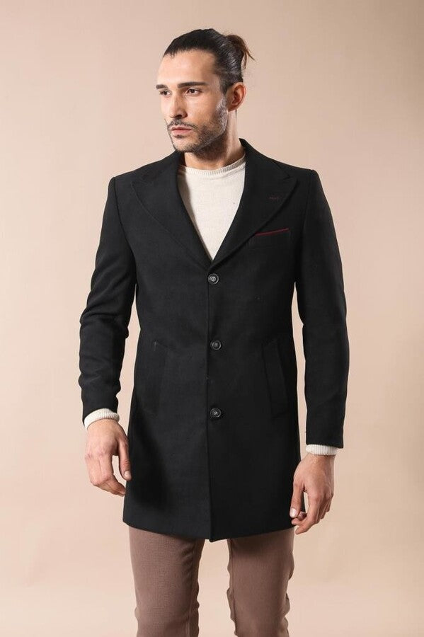 WSS Wide Pointed Collar Over Knee Black Men Coat  - North Hempstead