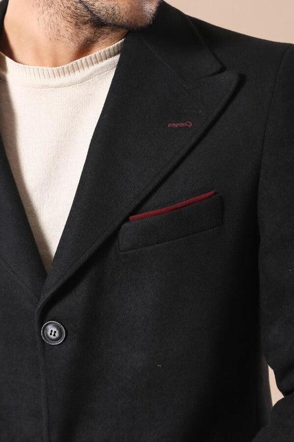 WSS Wide Pointed Collar Over Knee Black Men Coat  - North Hempstead