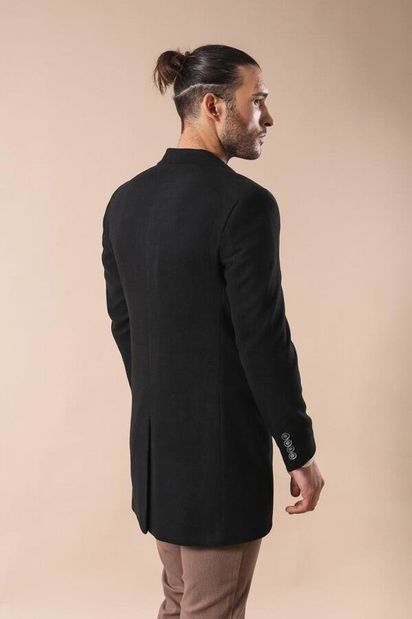 WSS Wide Pointed Collar Over Knee Black Men Coat  - North Hempstead