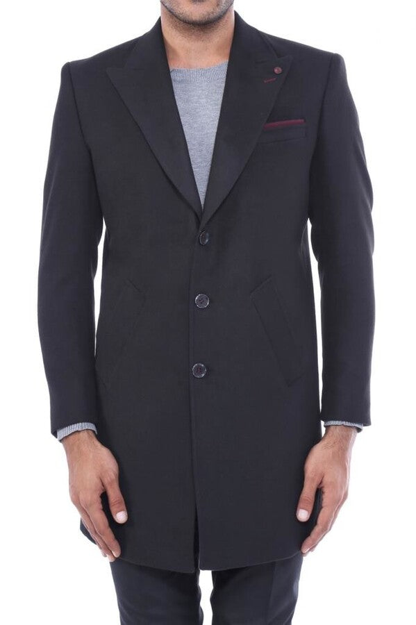 WSS Wide Pointed Collar Over Knee Black Men Coat  - North Hempstead