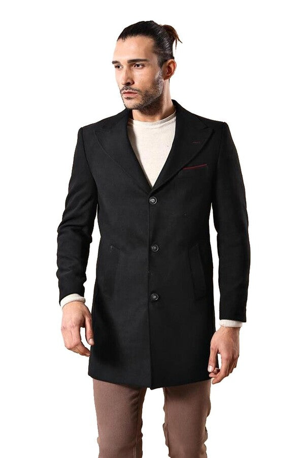 WSS Wide Pointed Collar Over Knee Black Men Coat  - North Hempstead