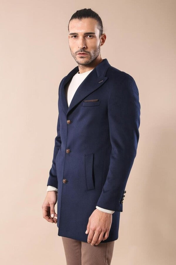 WSS Wide Pointed Collar Over Knee Navy Blue Men Coat  - Lisburn