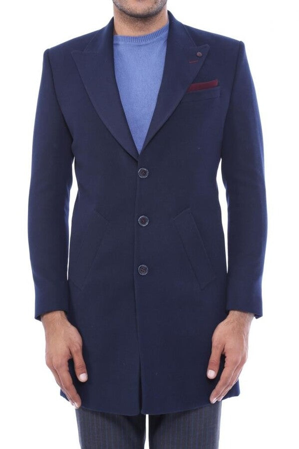 WSS Wide Pointed Collar Over Knee Navy Blue Men Coat  - Lisburn
