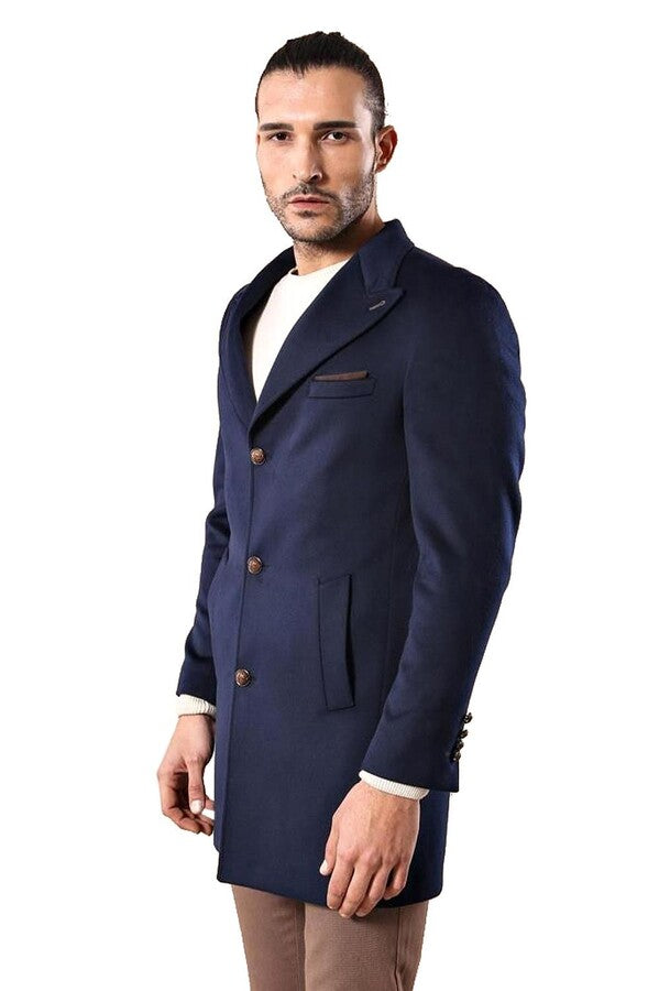 WSS Wide Pointed Collar Over Knee Navy Blue Men Coat  - Lisburn