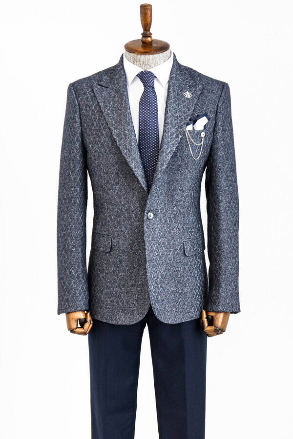 WSS Wool Patterned Slim-Fit Navy Blue Men Blazer  - Sudbury
